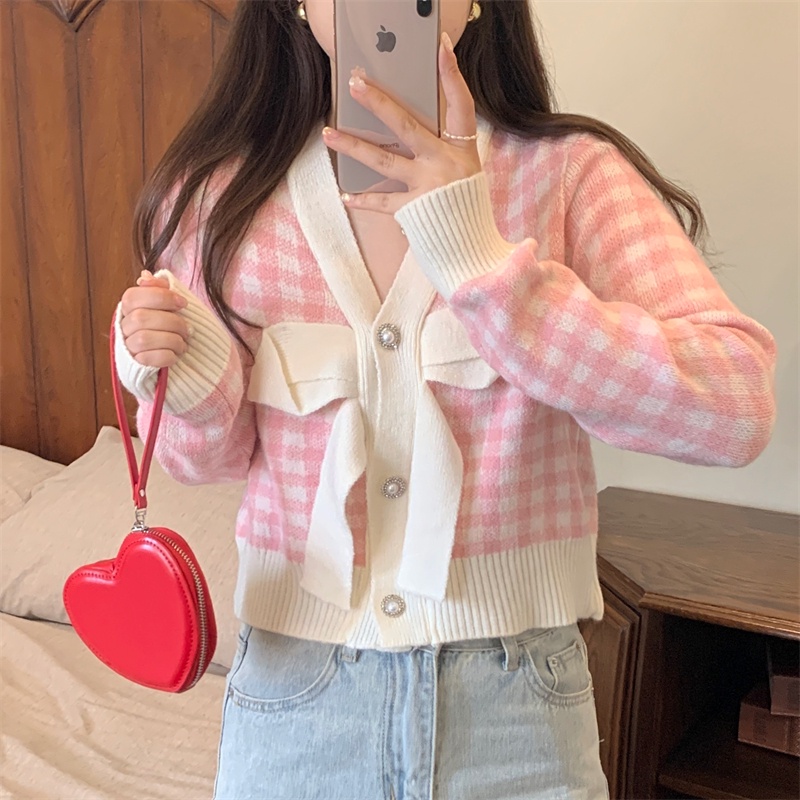 Áo Khoác Cardigan Dệt Kim Tay Dài Kẻ Sọc Đính Nơ Thời Trang Mùa Thu Cho Nữ