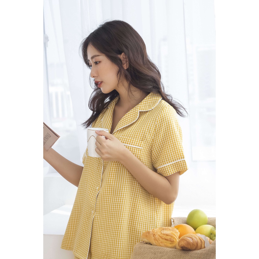 Bộ đồ mặc nhà Pijama MOMOJAMA áo cộc quần dài họa tiết kẻ caro trẻ trung - 3 màu M1921 | BigBuy360 - bigbuy360.vn