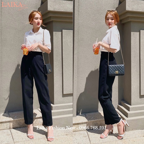 Quần tây nữ lưng cao đi học làm công sở ống đứng suông dài màu Đen Xanh dáng quần baggy vải cạp cao công sở học sinh đẹp