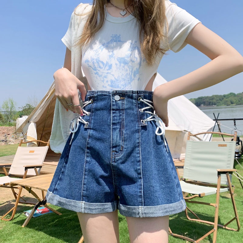Quần Short Denim Lưng Cao Ống Rộng Thời Trang Mùa Hè Dành Cho Nữ