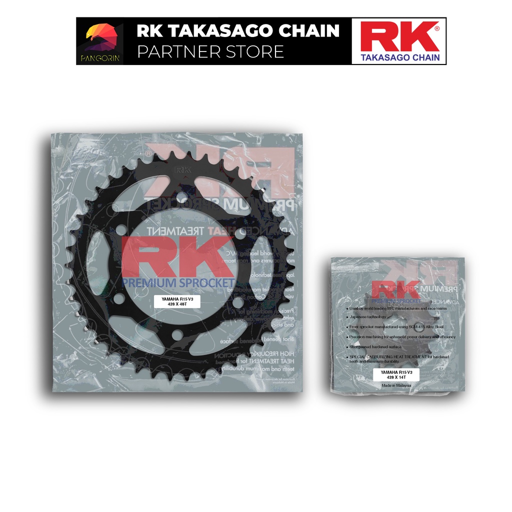 Nhông Dĩa RK Takasago cho xe máy Yamaha R15 V3, chất liệu: Thép mạ màu đen, độ dày Nhông Dĩa: 428