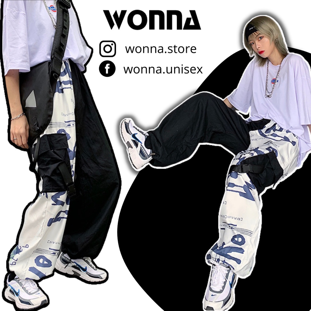 (KÈM ẢNH THẬT) Quần jogger ống rộng ulzzang Hàn oversize họa tiết trắng đen form rộng street style Quảng Châu