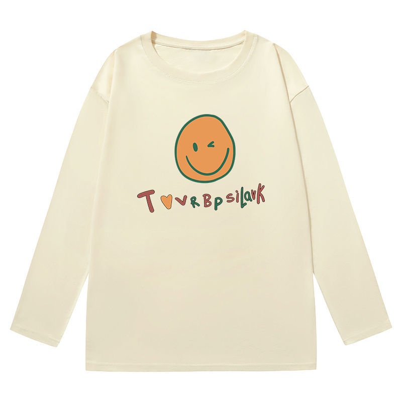 Áo Thun Cổ Tròn Dáng Rộng In Hình Mặt Cười Thời Trang Mùa Thu Mới Cho Nữ