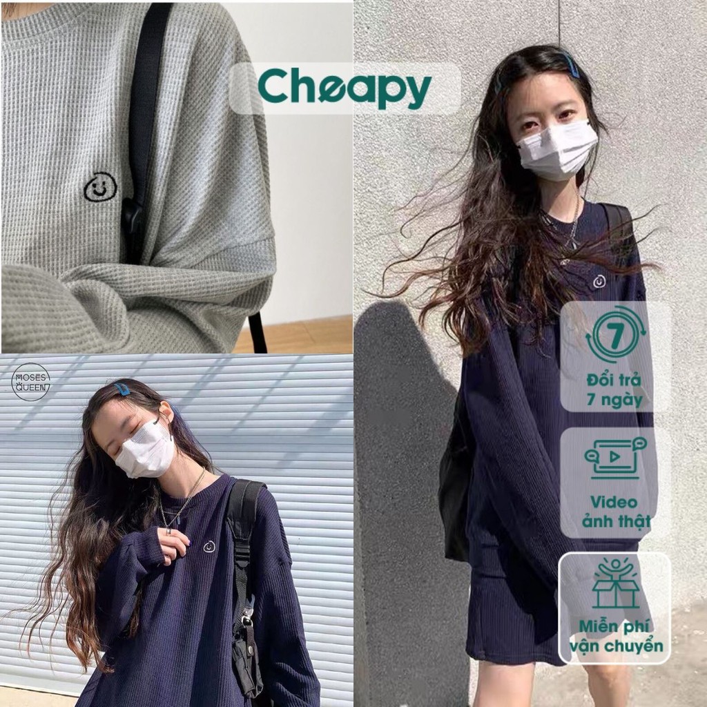 Set bộ đồ thun tăm Mặt Cười áo dài tay cổ tròn mix short lửng phom rộng ghi xanh hàn quốc C565