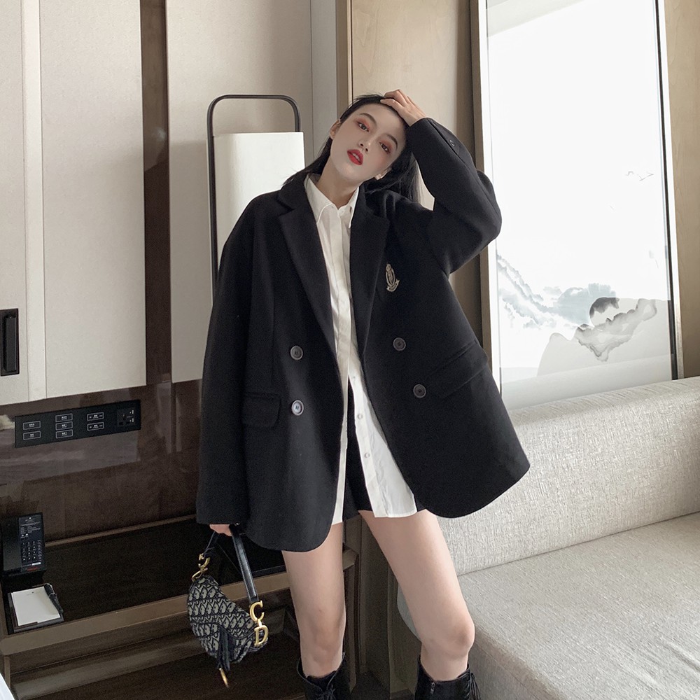 Áo Khoác Len Dáng Rộng Màu Đen Phong Cách Retro | BigBuy360 - bigbuy360.vn