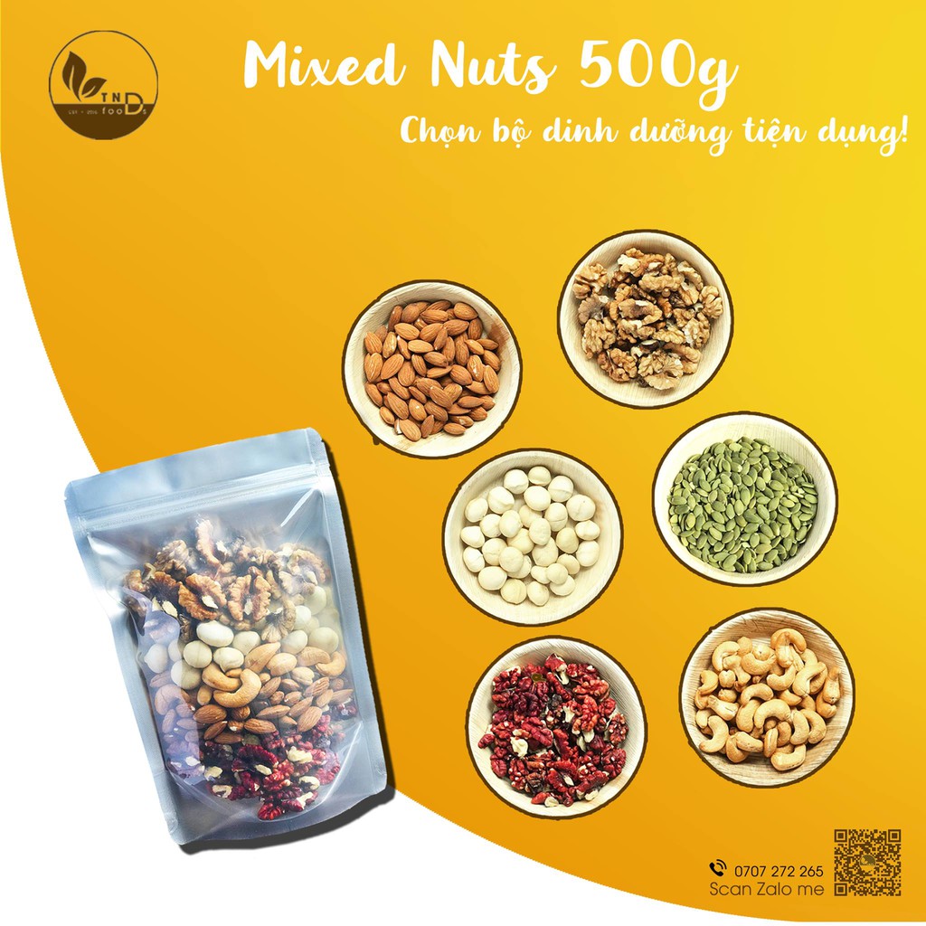 Mix Nuts 5 Loại Hạt 500g (Hạt Bí Xanh, Nhân Óc Chó Đỏ, Nhân Óc Chó Vàng, Hạt điều tách vỏ, Hạnh Nhân)