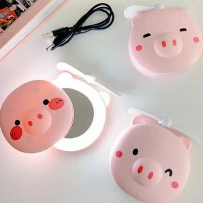 Gương Hình Lợn Mini Có Quạt, Đèn Led Kèm Sạc