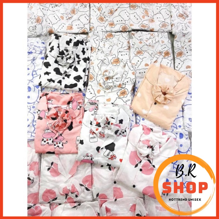Bộ Pijama Hình Cộc Tay Nữ Tặng Kèm Dây Buộc Tóc Scruncies,Bộ Đồ Mặc Nhà Siêu Kute Ulzzang Hot Hit(Ảnh Thật)