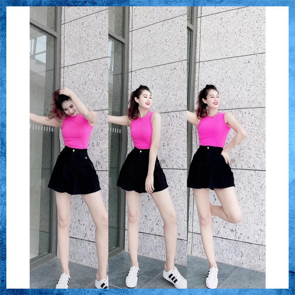 Quần váy jeans, quần bò giả váy dáng xòe, lưng cao túi nắp 1 khuy điệu đà sang chảnh V2115