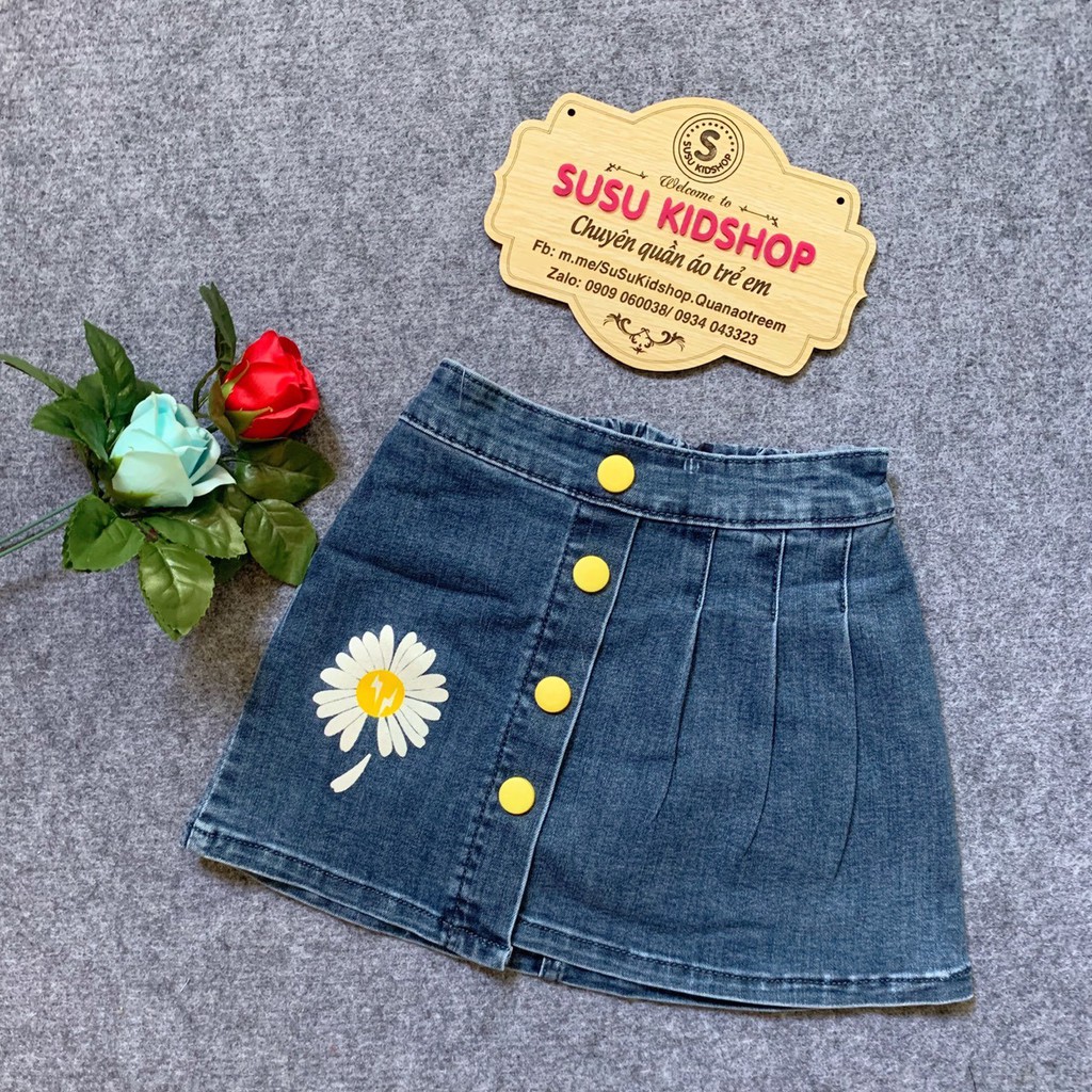SIZE 1-13 (12-40kg) VÁY JEAN CAO CẤP CHO BÉ GÁI IN HÌNH HOA CÚC DỄ THƯƠNG