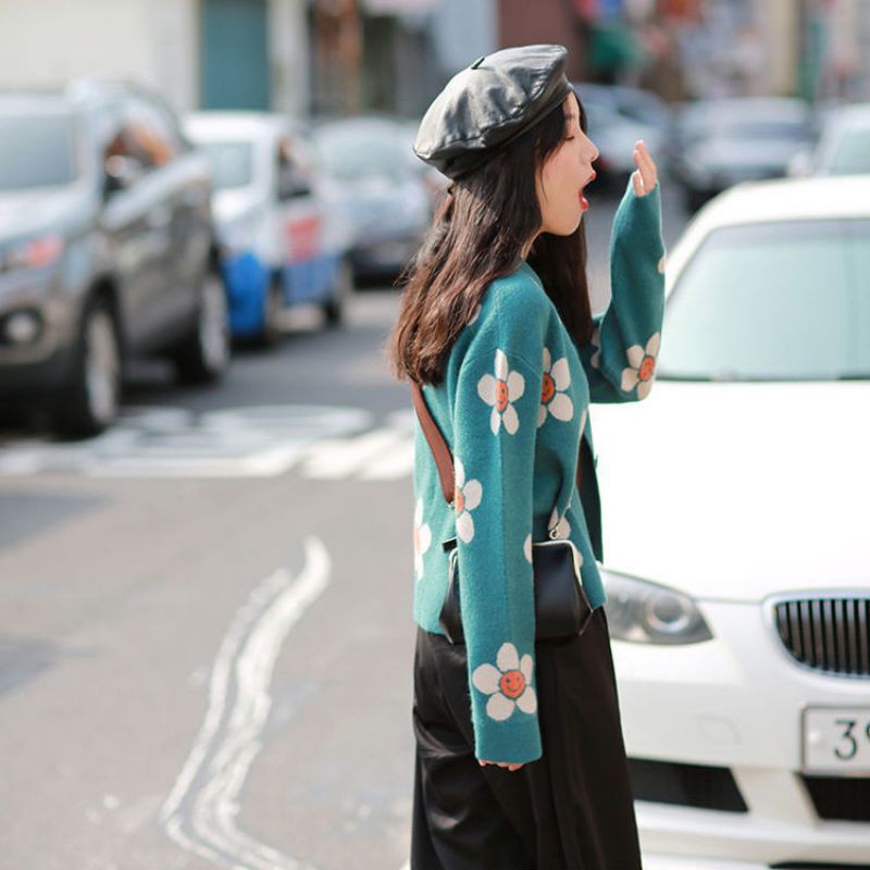 [Sẵn] Áo khoác cardigan len mỏng họa tiết hoa xinh (ảnh thật)