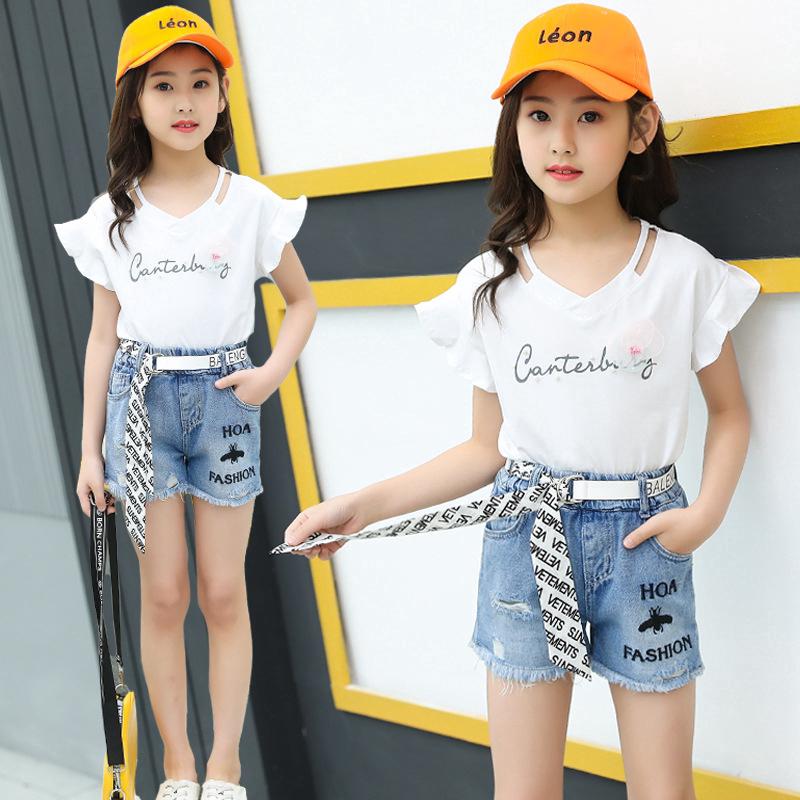 Set áo thun ngắn tay + Quần short jeans dễ thương cho bé gái 3-12 tuổi