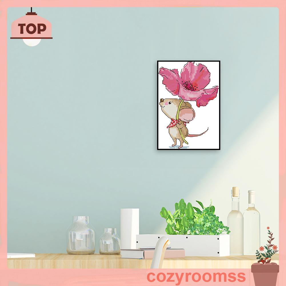 Bộ tranh thêu chữ thập 14ct hình chú chuột cầm nhành hoa DIY tự làm