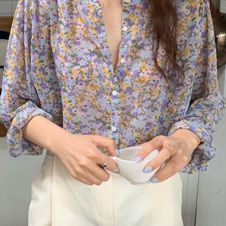 Áo Sơ Mi Chiffon Tay Dài Dáng Rộng In Hoa Phong Cách Hàn Quốc Thời Trang Mùa Xuân Mới Cho Nữ
