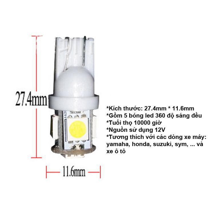 Bộ 2 đèn Led T10 5050 SƯƠNG MÙ,demi,đèn nến Đồng hồ,biển số cho xe máy,xe hơi- Màu trắng