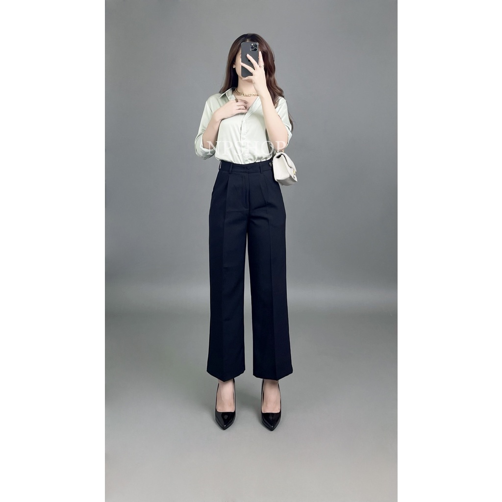 Quần tây nữ ống rộng lưng cao 2 nút màu xanh, đen NPQ050