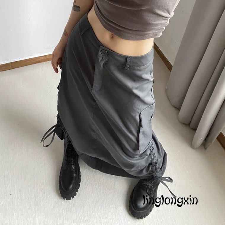 Linglongxi2 （Hàng giao ngay） Chân Váy Dài y2k Dáng Rộng Màu Trơn Phối Dây Rút Thời Trang Mùa Hè Cho Nữ Chân Váy Dài Xẻ Tà Xếp Ly Có Túi Màu Sắc Cá Tính Quyến Rũ Cho Nữ   Chân Váy Maxi Màu Sắc Đơn Giản Có Thể Điều Chỉnh Kích Cỡ Cho Nữ