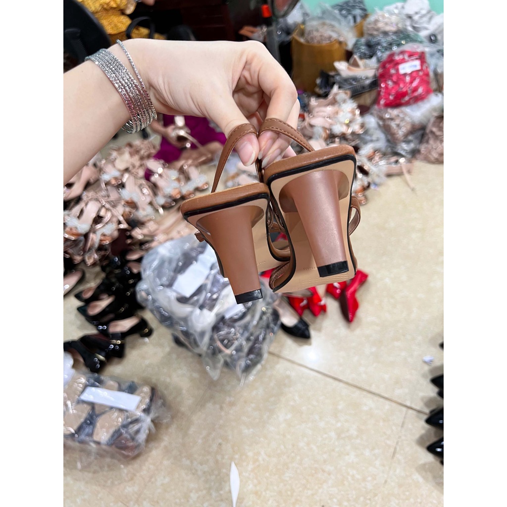 Sandal cao gót mũi vuông phối dây Hàn Quốc cao 6cm Nâu đất - Giày Bánh Bèo mã Sandal12