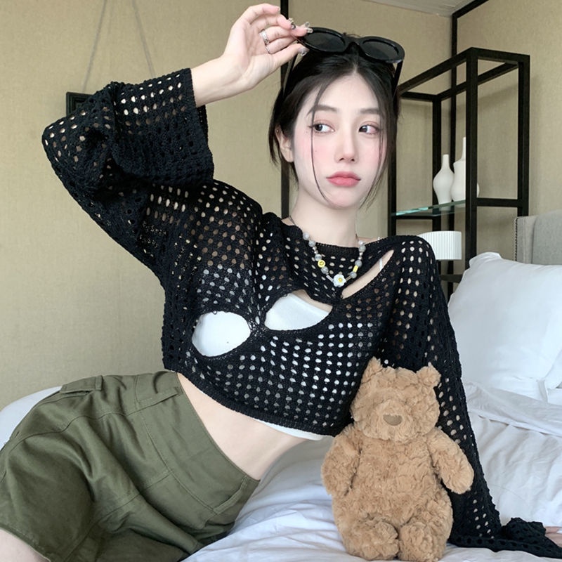 Áo Sweater Dệt Kim Tay Dài Thiết Kế Khoét Lỗ Dáng Ngắn Thời Trang Trẻ Trung