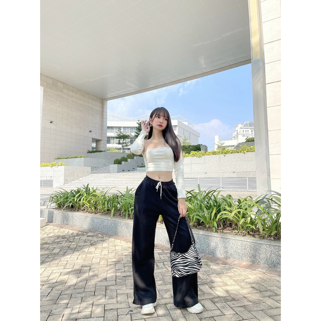 Áo Croptop Thun Gân Tay Dài Cổ Chữ Vuông Màu Đen Màu Trắng Thời Trang Trendy Cho Nữ SUGARBOMB.MODE