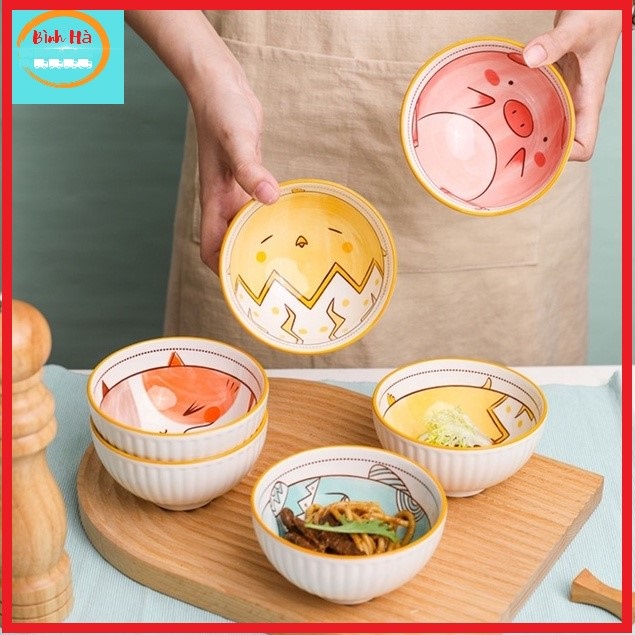 [TẶNG KÈM 6 ĐÔI ĐŨA]Bộ 6 chén ăn cơm gốm sứ in họa tiết đáng yêu, họa tiết thổ cẩm....sang trọng đẹp mắt