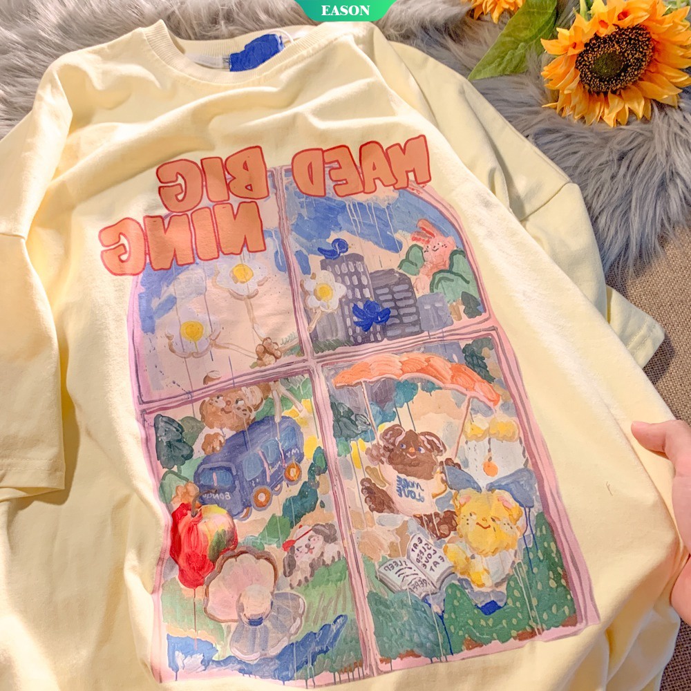 Áo Thun Tay Ngắn Dáng Rộng In Họa Tiết Tranh Sơn Dầu Thời Trang Mùa Hè Phong Cách Nhật Bản Cho Nữ