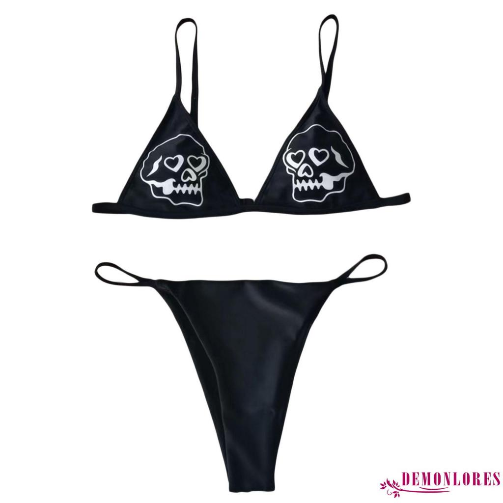 Bộ Bikini 2 Mảnh Cổ Chữ V Eo Thấp In Họa Tiết Hoạt Hình Mặt Cười/Đầu Lâu Thời Trang Mùa Hè Cho Nữ