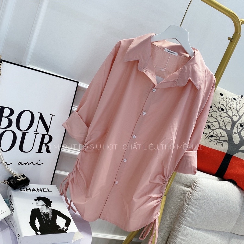 Sơ mi nữ Hồng kiểu dây rút sườn, phong cách Hàn Quốc dễ thương, form rộng, vải đũi mềm (ẢNH THẬT)