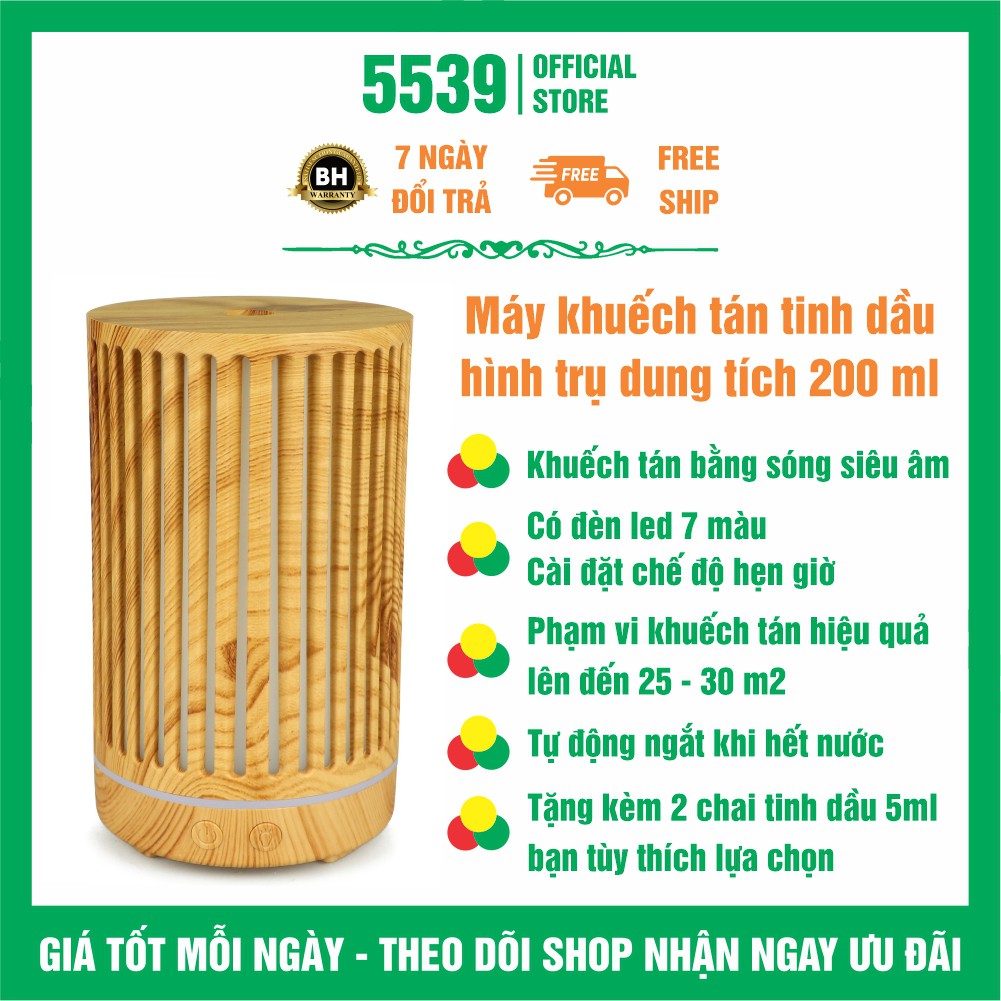 Máy xông tinh dầu phòng ngủ hình trụ dung tích 200 ml tặng kèm 2 chai tinh dầu 5 ml bảo hành 6 tháng - Shop 5539