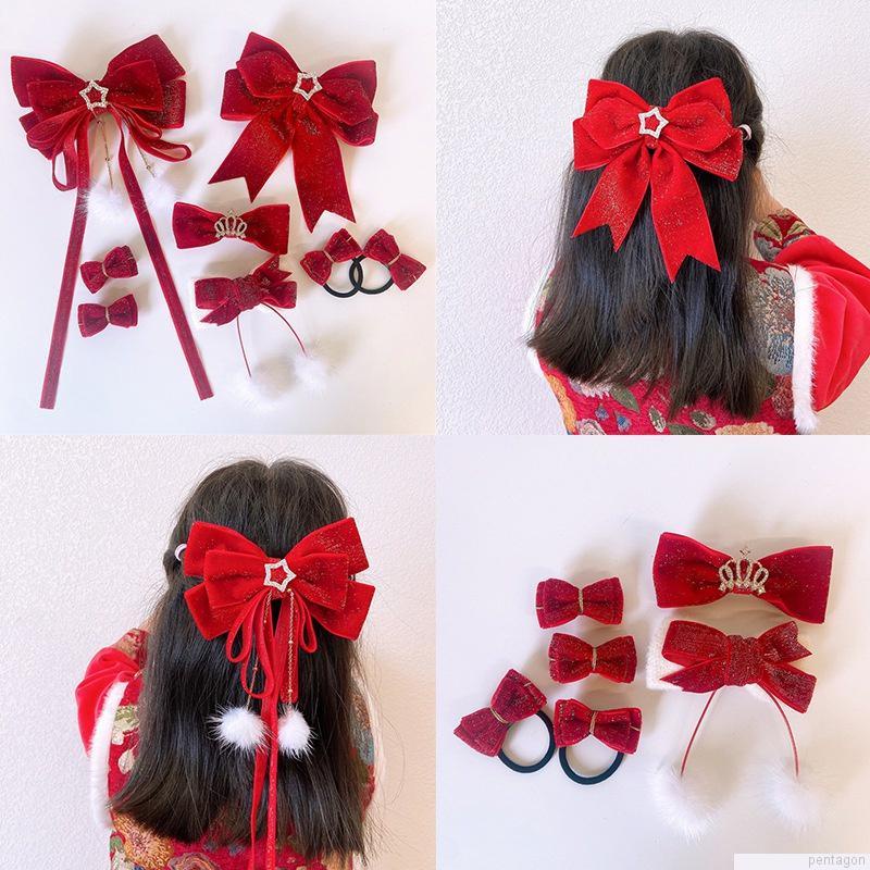 Kẹp tóc mặt nơ tua rua màu đỏ xinh xắn dành cho nữ vào tiệc giáng sinh năm mới