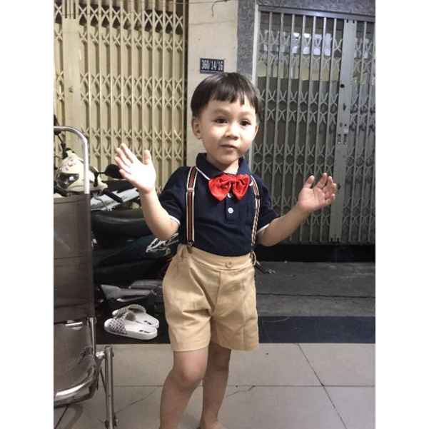 Set yếm công tử 2023 Áo polo 2 màu trắng-xanh cho bé trai (6-24Kg) - Quần áo trẻ em vải thun cá sấu co giãn thoải mái