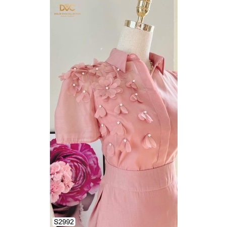 S2992 bộ áo sơ mi và chân váy xoè voan màu cam