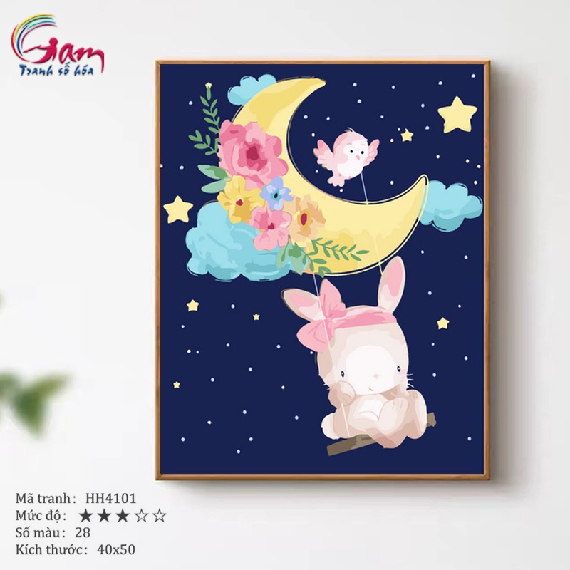 Tranh tô màu theo số thỏ hồng cute có sẵn đã căng khung 40x50cm HH4101