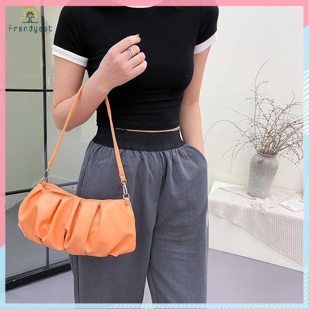 Pleated Shoulder Handbag Women PU Elegant Underarm Cloud Bags (Orange)