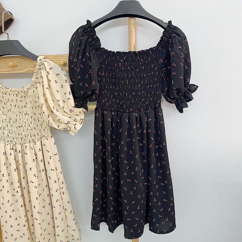 Đầm hoa ulzzang , Váy hoa trễ vai chun ngực hai màu đen, be | BigBuy360 - bigbuy360.vn