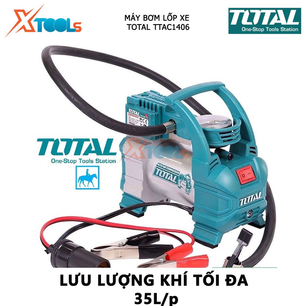 Dụng cụ kiểm tra hơi lốp xe TOTAL TTAC1406 máy bơm hơi 12V, Áp lực tối đa: 140PSI, 35L / phút, 10A, Cáp điện dài 3m
