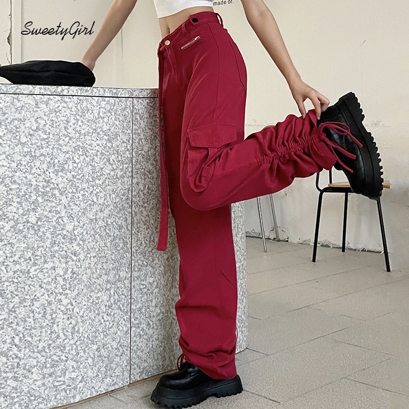 Quần Dài Thể Thao Dáng Suông Lưng Thấp Màu Đỏ Trơn Có Túi Và Khóa Kéo Thời Trang 2022 Cho Nữ