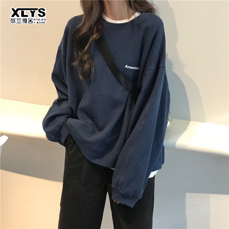 Áo sweater XINLANYASHE dáng rộng in chữ phong cách Hàn Quốc thời trang cho nữ