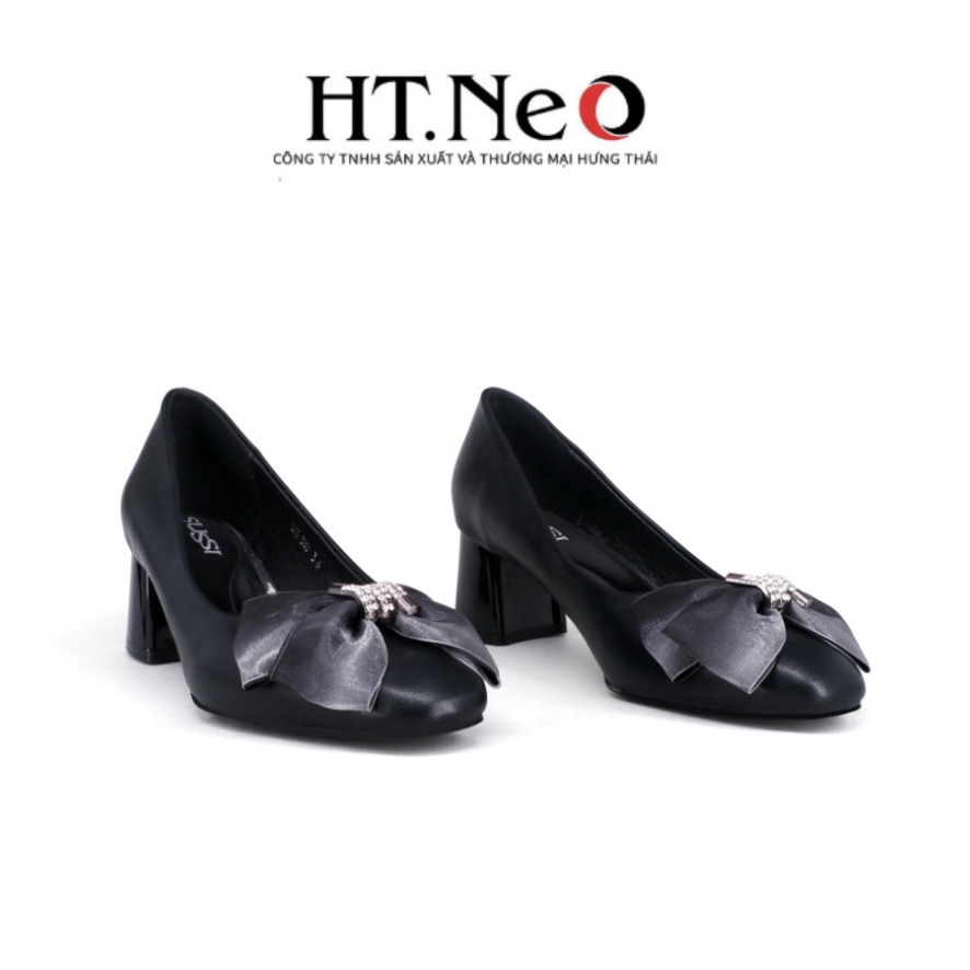 Giày cao gót vuông HT.NEO Thiết kế da bò thật mềm mại, gót cao đến 5cm, đính nơ vải nhẹ nhàng, thanh lịch CS239
