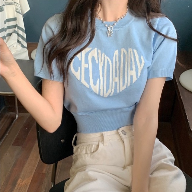 【Hana and Alice】Áo Croptop Dệt Kim Tay Ngắn In Họa Tiết Phong Cách Hàn Quốc Quyến Rũ Cho Nữ