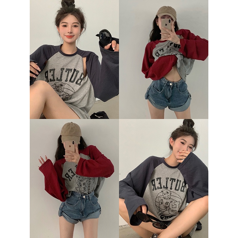 Áo Thun Tay Dài Dáng Rộng In Họa Tiết Màu Sắc Tương Phản Phong Cách Hàn Quốc Thời Trang Mùa