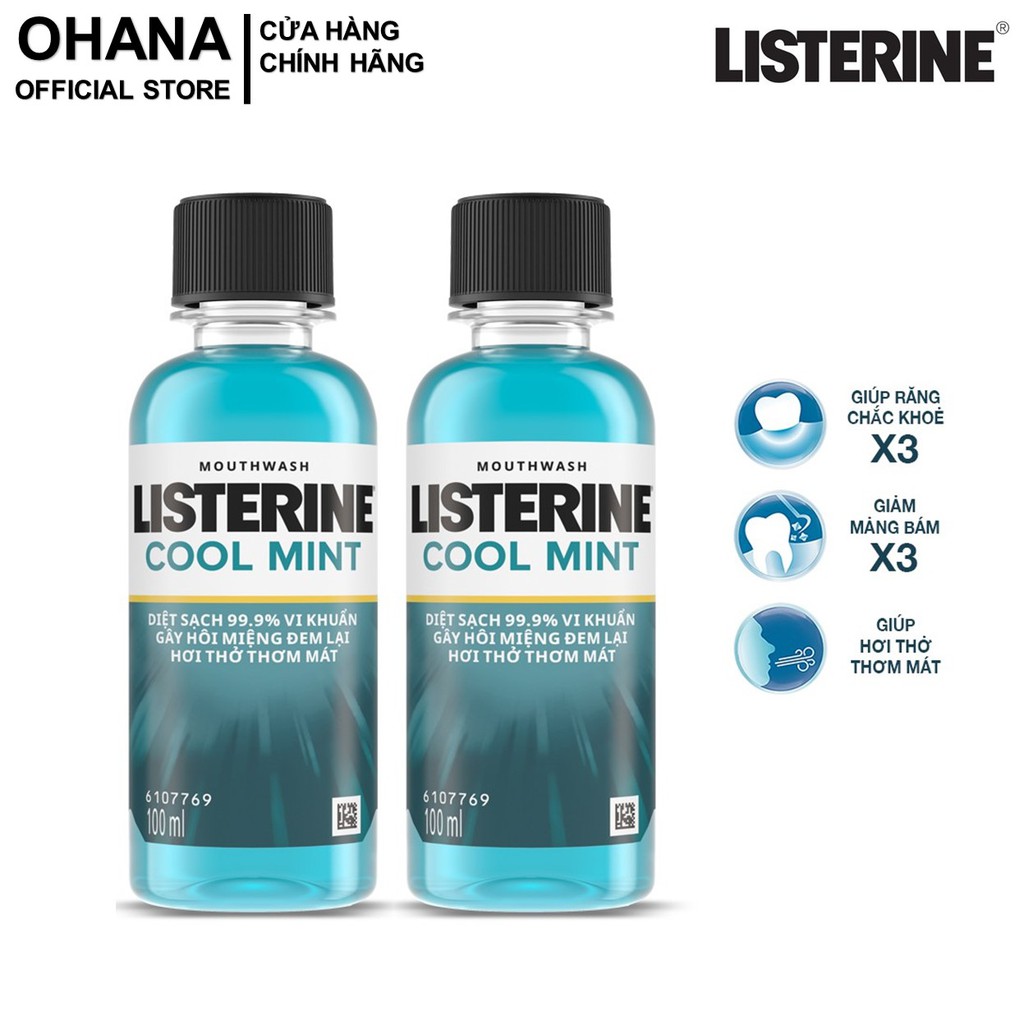 Bộ 2 Chai Nước Súc Miệng Listerine Diệt Khuẩn, Giữ Hơi Thở Thơm Mát Listerine Coolmint Mouthwash 100ml/Chai