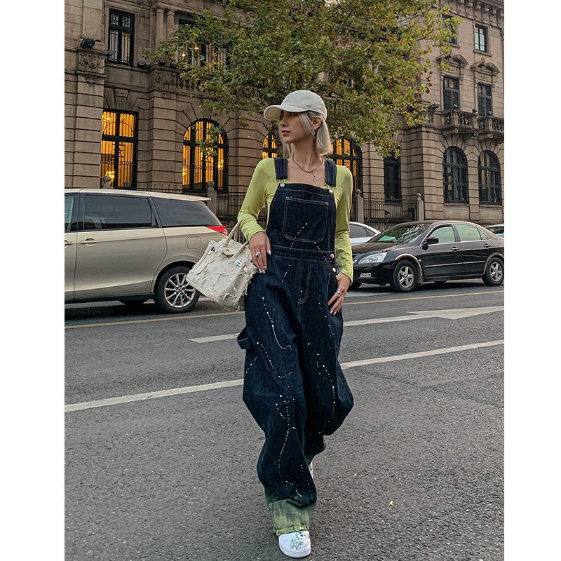 [Hàng Có Sẵn Bán Chạy] Quần Yếm Denim Dáng Rộng Ống Thẳng Chống Văng Phong Cách Mùa Xuân Kiểu Mới