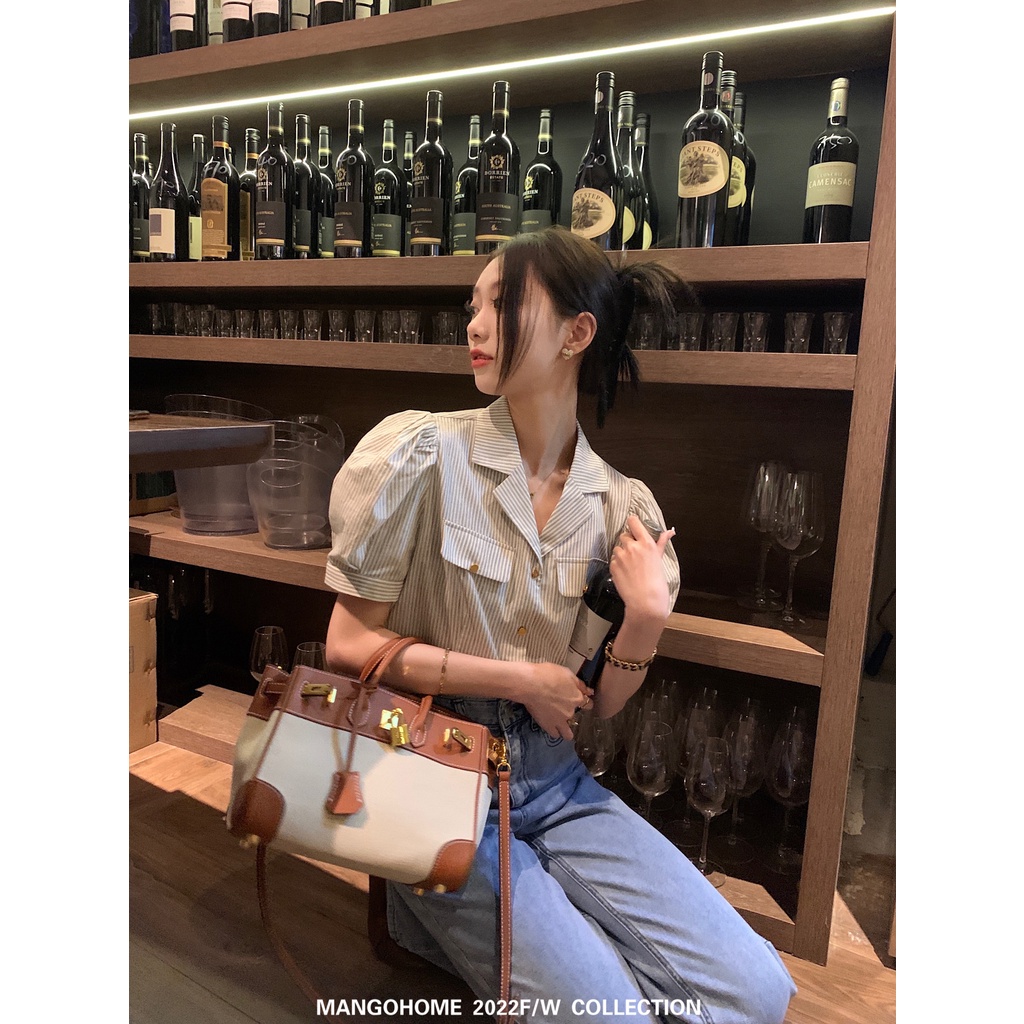 Áo Sơ Mi Kẻ Sọc Tay Ngắn Phồng Phong Cách Pháp Thời Trang Mùa Xuân Dành Cho Nữ 2022