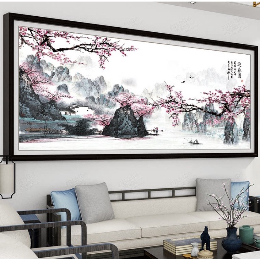 Tranh thêu chữ thập – Tranh Phong Cảnh Thủy Mặc 05 -  Hoa Đào