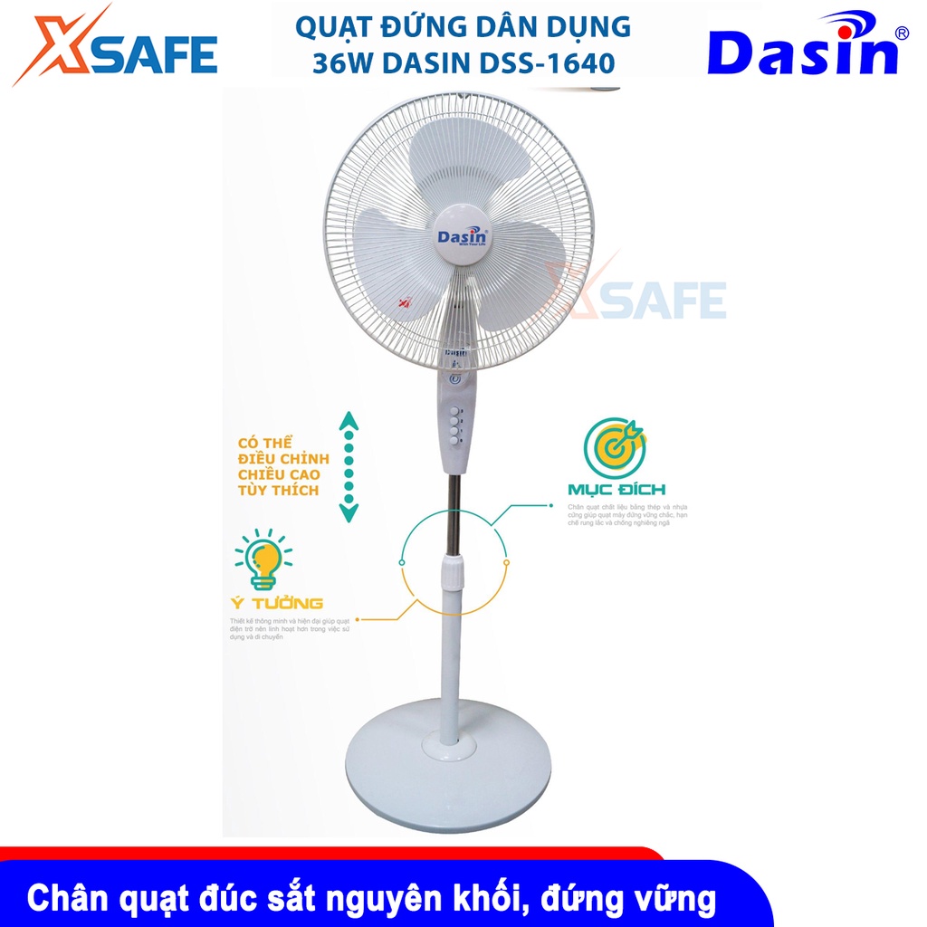 Quạt đứng 36W Dasin DSS-1640, motor dây đồng, mát nhanh, điều chỉnh độ cao thân quạt, chống giật [XSAFE][CHÍNH HÃNG]