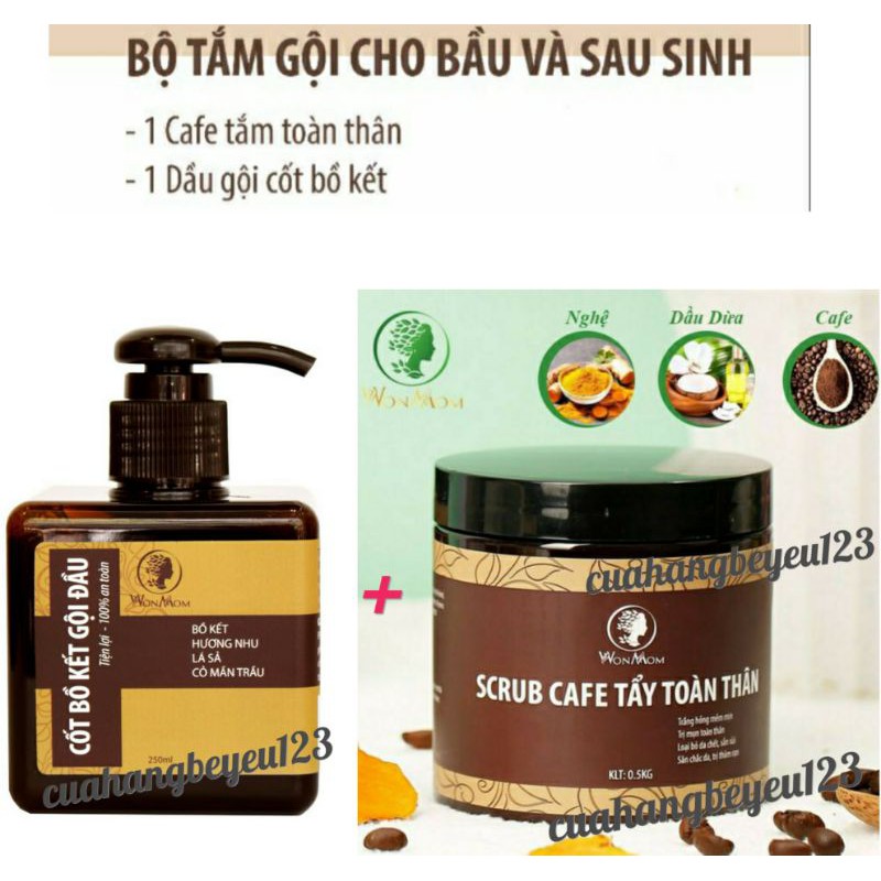 Bộ tắm gội cho Mẹ bầu và sau sinh Wonmom - Scrub Cafe tắm và dầu gội cốt bồ kết CW