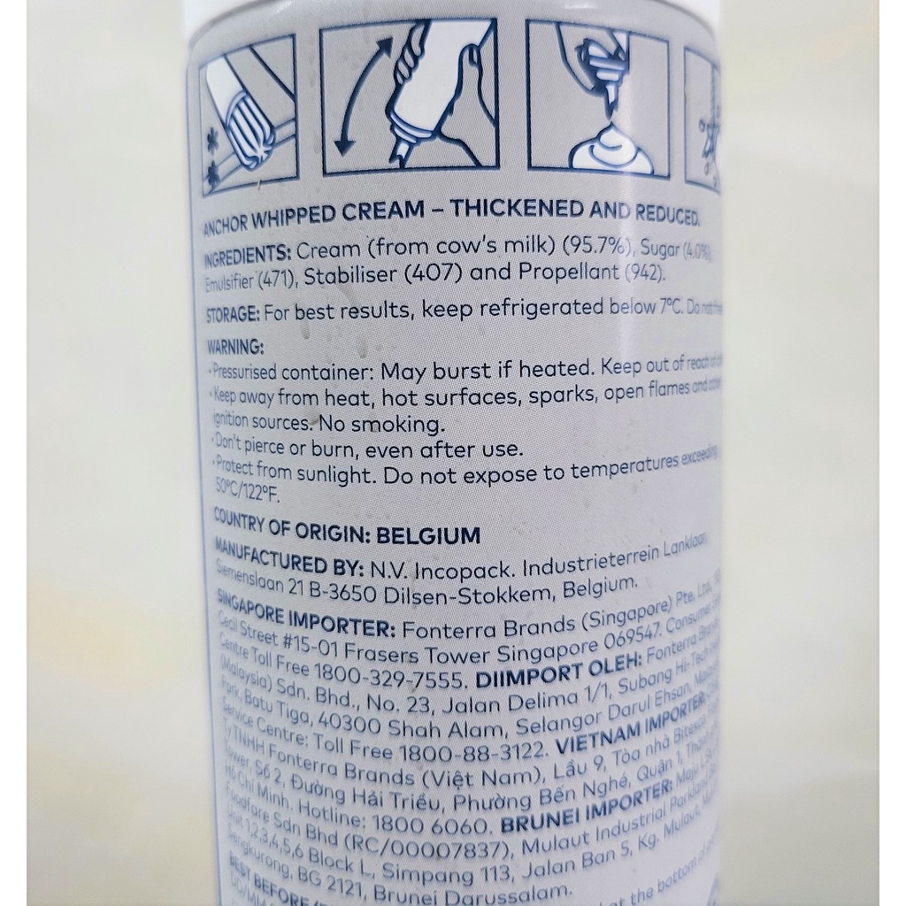 [Chai 400g] KEM TƯƠI DẠNG XỊT (Trang trí bánh, cà phê) [Belgium] ANCHOR Whipped cream (halal) (nw5)