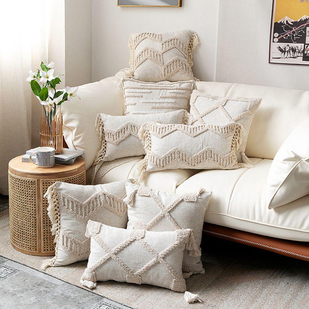 Vỏ Gối Cotton Lanh Phối Tua Rua Trang Trí Nhà Cửa