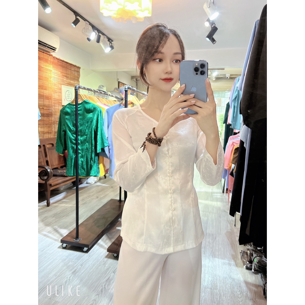 ❄️Áo lụa trắng bà ba lụa gấm Hàn Châu # Đồ Phật tử lụa cao cấp # bà ba vân gấm hoa sen cúc ngọc xinh xắn AB12 Trắng